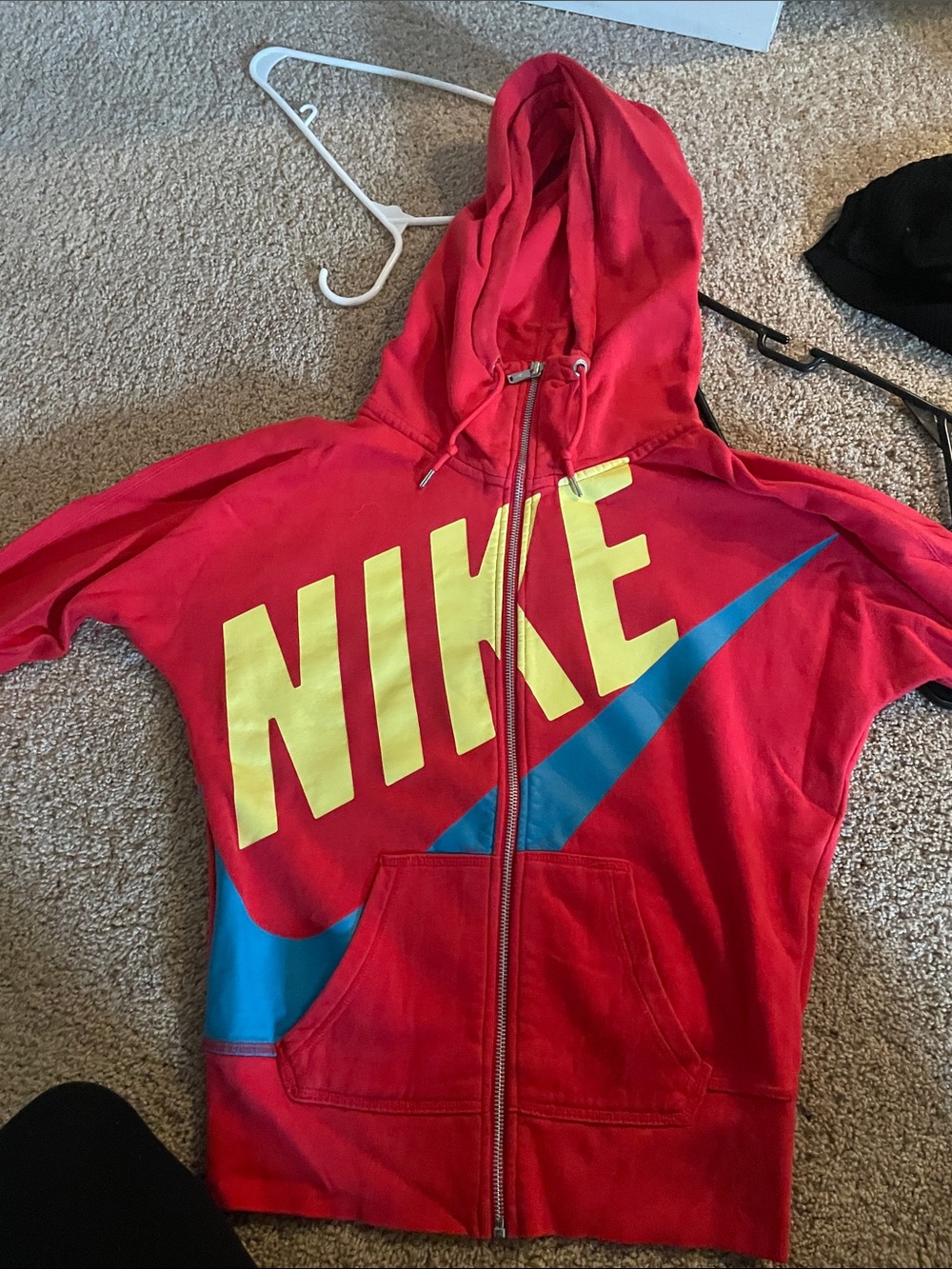 Nike Red Zip-Up Hoodie with Yellow NIKE Logo and Blue Swoosh
